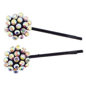 Karen Marie - Crystal Ball Bobby Pins - White Diamond AB - Black (Set of 2)